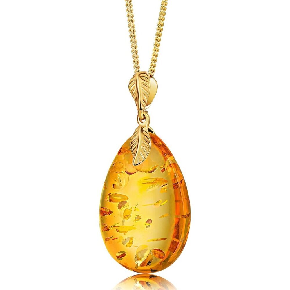 Baltic Amber Pendant for Women, Sparkling Amber Drop, Gold Plated Sterling Silve